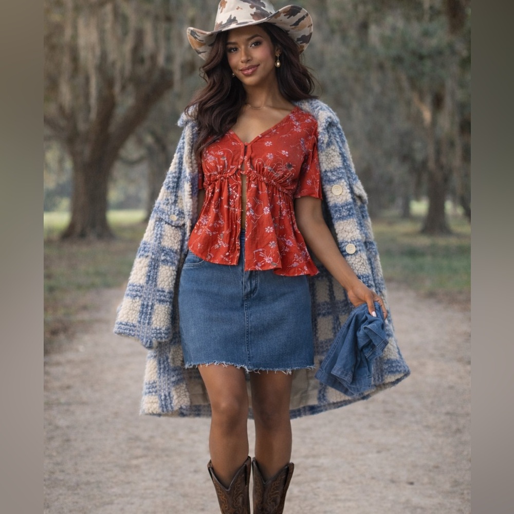 Blue Rain Red Floral Blouse